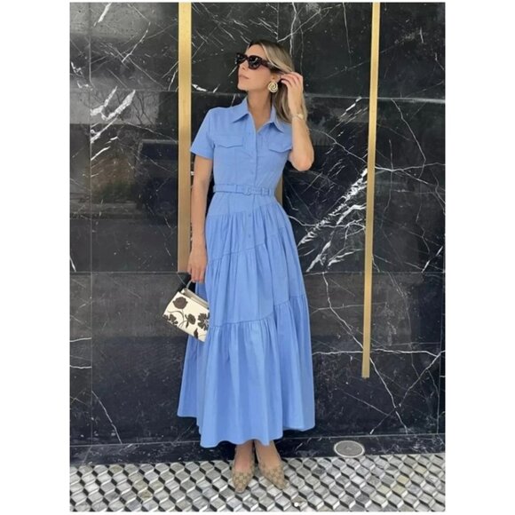 Zara Light Blue Poplin Belted Maxi Shirt Dress Sz Medium Asymmetrical Tiers - Picture 1 of 14